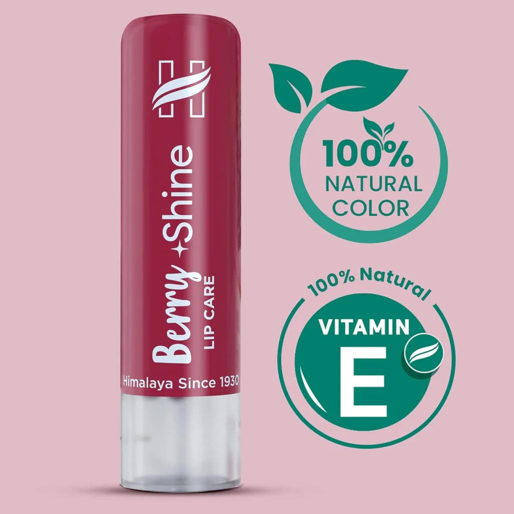 Lip balm with 'Berry Shine' branding on a pink background, featuring natural color and vitamin E claims.