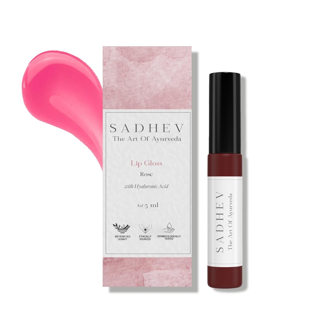 Sadhev Ayurvedic Rose Lip Gloss With Hyaluronic Acid & Rose | Soft Pink Glossy Shine | Hydrates, Plumps & Nourishes (5 ml)