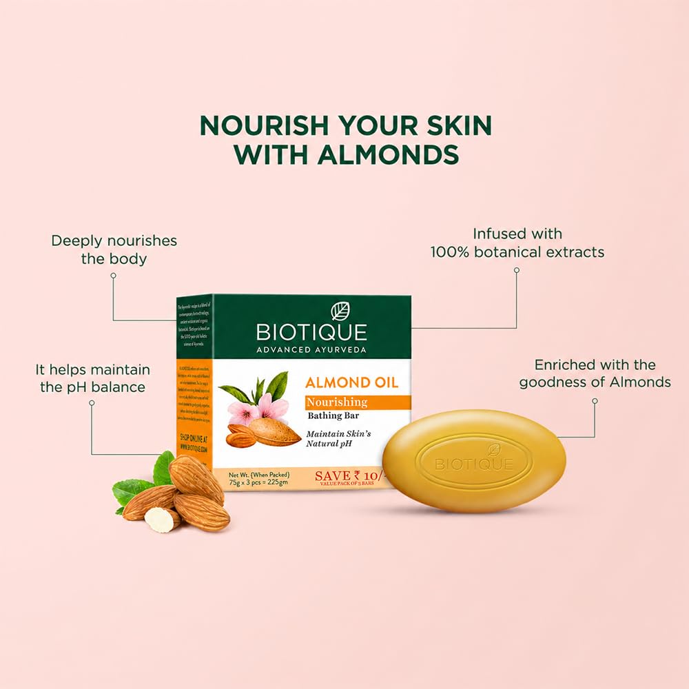 Biotique Almond Oil Nourishing Bathing Bar| Ayurvedic and Organically Pure| Maintains Skin’s Natural pH |100% Botanical Extracts| Suitable for All Skin Types | Pack of 3, 225 g (3 x 75 g)