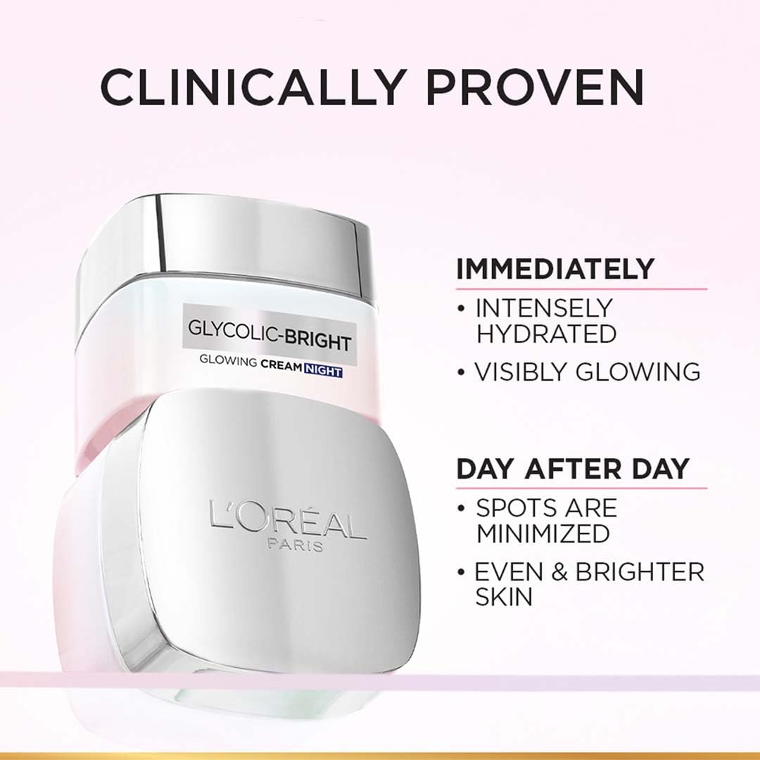 L'Oreal Paris Glycolic Bright Glowing Night Cream, Overnight Brightening Cream, Glycolic Acid in Gel-Like Cream Texture, that Visbily Minimizes Spots & Reveals Glowing skin, 15ml