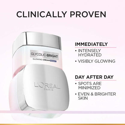 L'Oreal Paris Glycolic Bright Glowing Night Cream, Overnight Brightening Cream, Glycolic Acid in Gel-Like Cream Texture, that Visbily Minimizes Spots & Reveals Glowing skin, 15ml