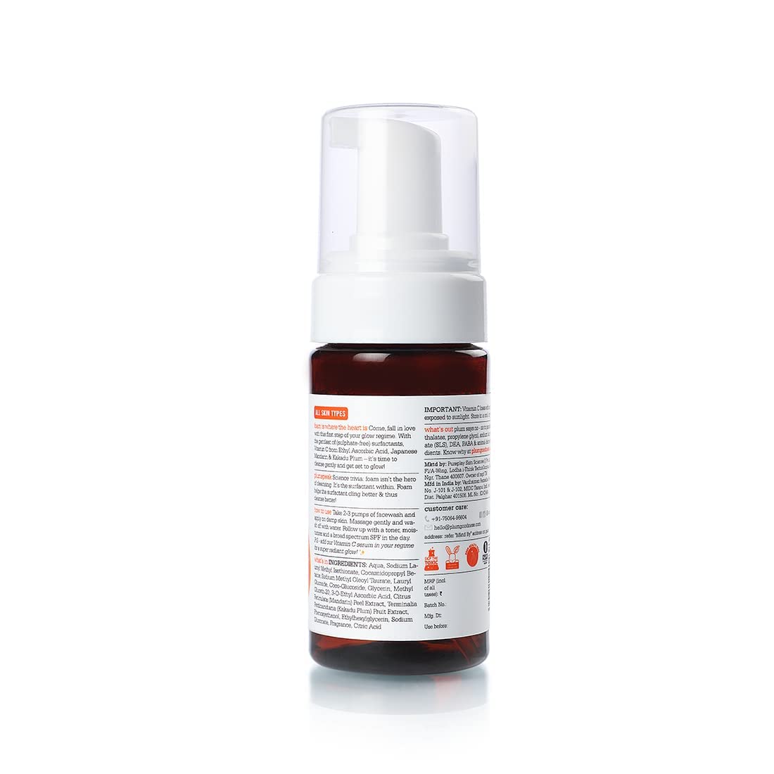 Plum Vitamin C Foaming Face Wash with Mandarin | For Glowing Skin | For Gentle Cleansing | For Hyperpigmentation & Dull Skin | Sulphate-Free | 100% Vegan 110ML, Transparent