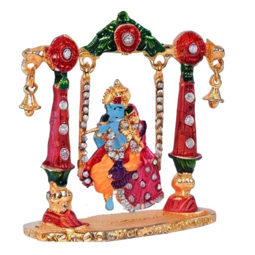 Radha Krishna Idol on Jhula Metal Statue for Car Dashboard | Mandir Pooja Murti | Temple Puja | Home Decor | Office Showpiece Diwali Gifts.