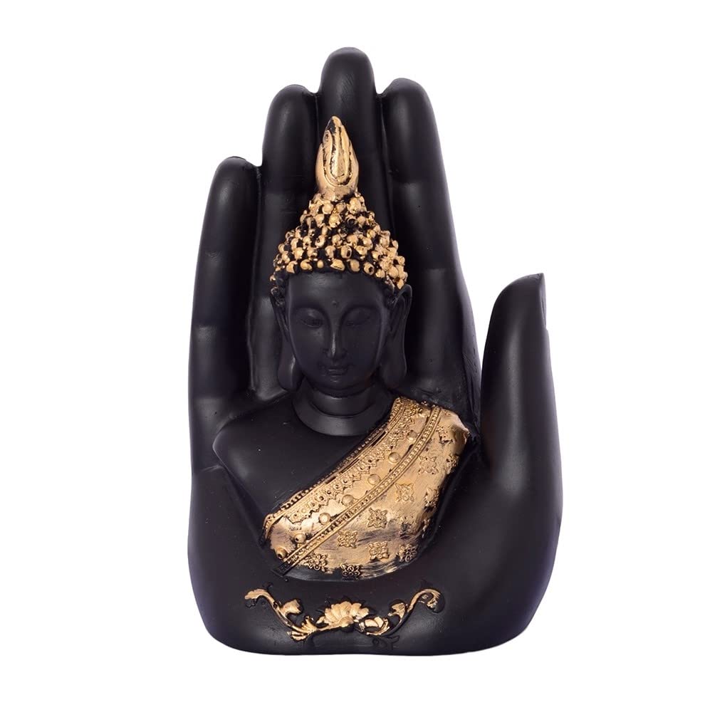 eCraftIndia Resin Black Golden Handcrafted Palm Buddha Statue Showpiece | Lord Buddha Idol for Home Decor Living Room Office | Gift for Diwali Buddha Purnima Housewarming Birthday