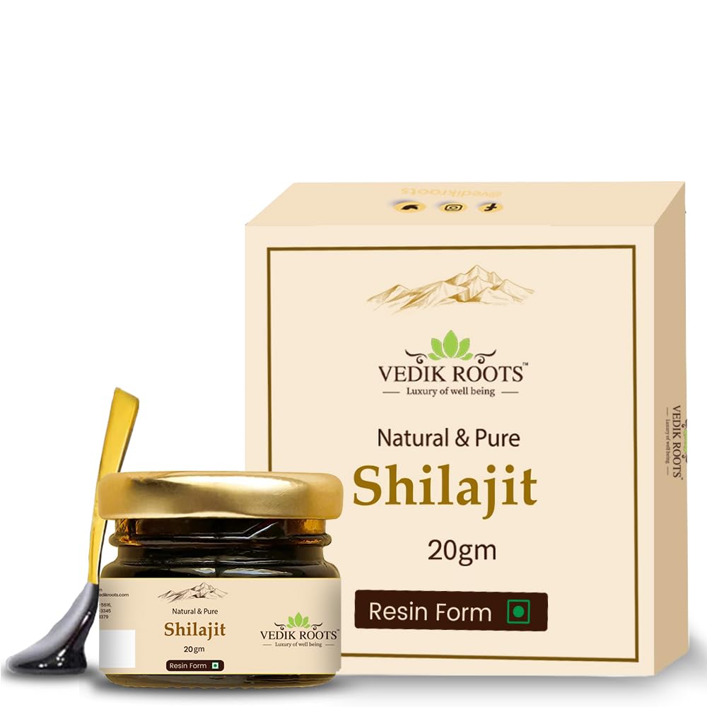 Vedik Roots Shilajit with packaging on a white background