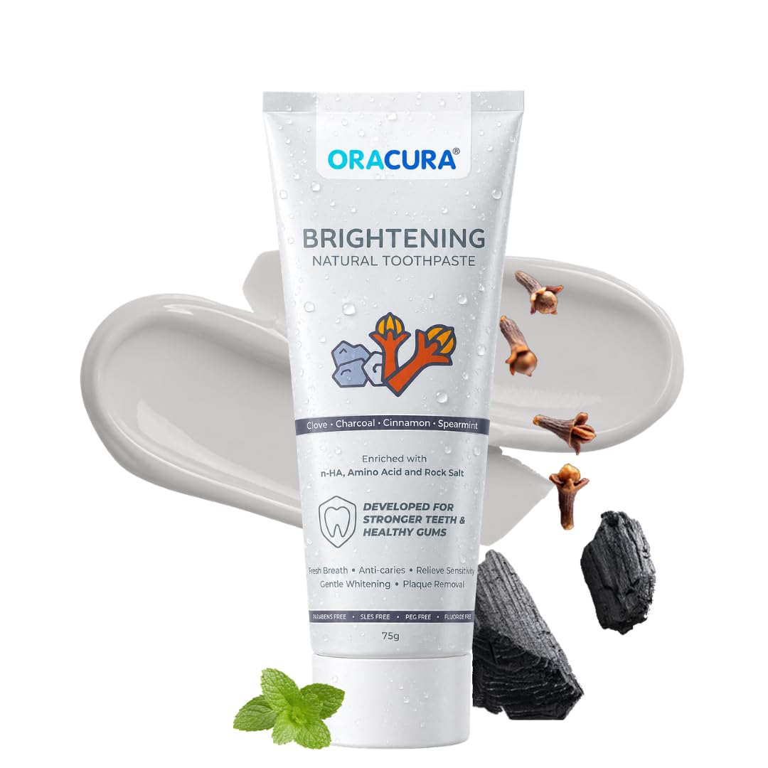 ORACURA Brightening Natural Toothpaste (Charcoal) | Fluoride-Free, SLES-Free | nHA (Nano Hydroxyapatite) Enamel Strengthening | Gently Whitens, Removes Surface Stains, Helps Prevent Plaque & Discoloration | Clove Extracts | 75 g (Pack of 1)