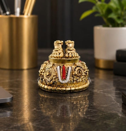 Gold Art India Lord Balaji Charan Paduka 24 kt Gold Matte Finish Vishnu Charan Paduka for Pooja Room/Balaji for car Venkateswara Swamy Feet with Shanku Chakra Namam Best Gifting