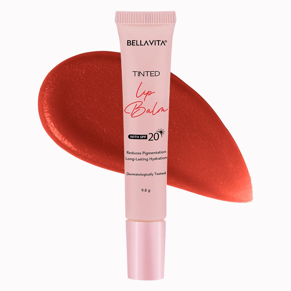 Bellavita tinted lip balm with a red color swatch on a white background