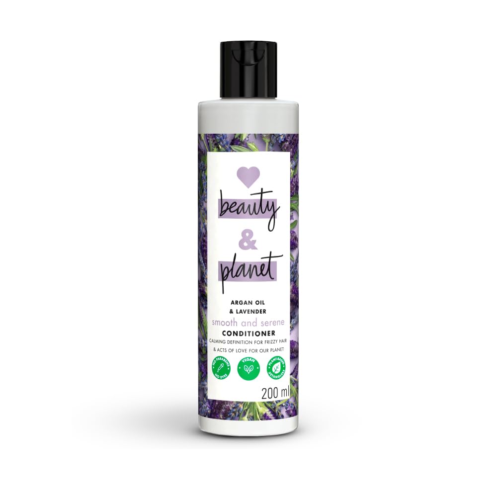 Bottle of 'beauty & planet' conditioner with lavender design on a white background