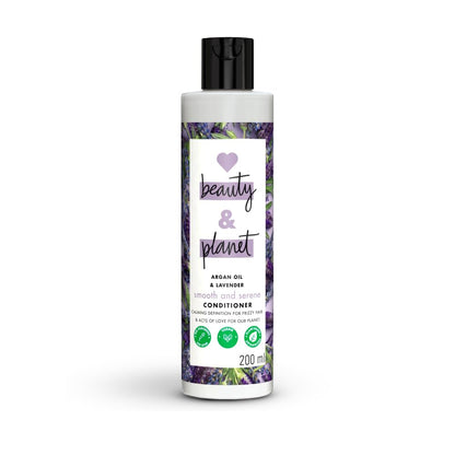 Bottle of 'beauty & planet' conditioner with lavender design on a white background