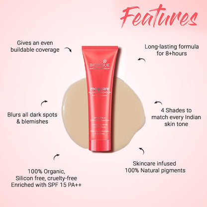 Red tube of Bioaqua makeup product on a beige color swatch with feature text on a pink background