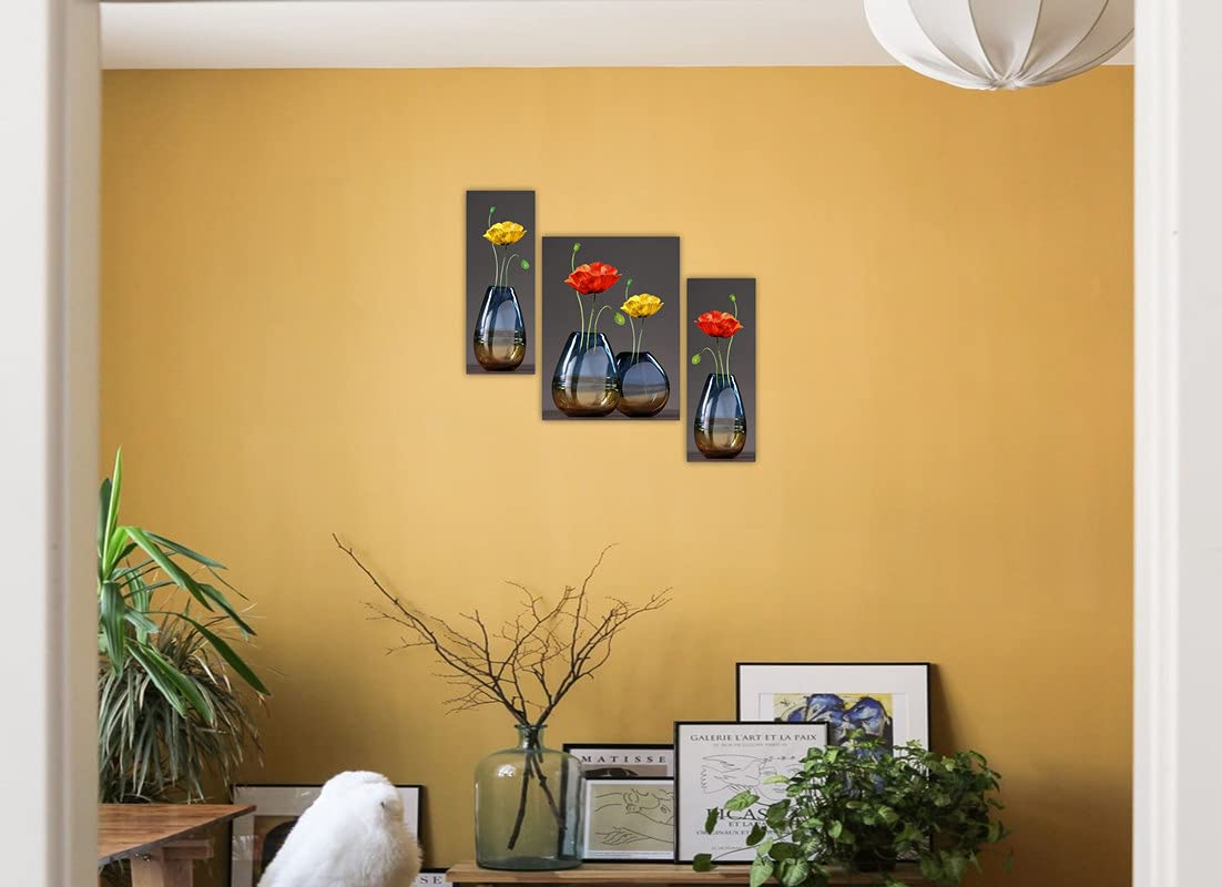 paintings 3 Panel MDF Wall Painting – Red & Yellow Flower Vase Design | Decorative Modern Art for Living Room, Bedroom, Hallway & Office | Set of 3 Vertical Wall Panels paintings