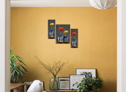 paintings 3 Panel MDF Wall Painting – Red & Yellow Flower Vase Design | Decorative Modern Art for Living Room, Bedroom, Hallway & Office | Set of 3 Vertical Wall Panels paintings