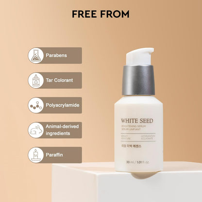 White seed skincare serum bottle with 'free from' certifications on a beige background