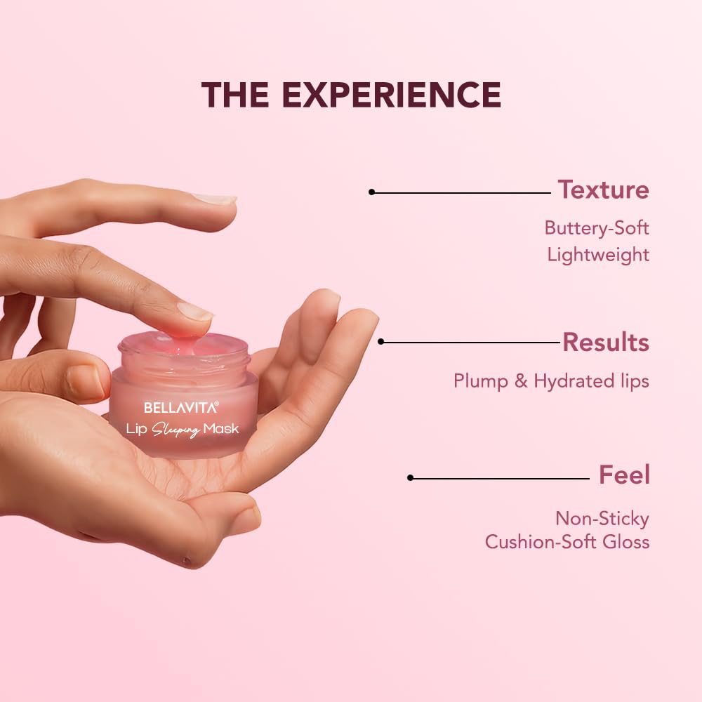Lip mask with text describing texture, results, and feel on a pink background