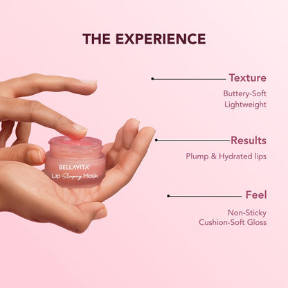 Lip mask with text describing texture, results, and feel on a pink background