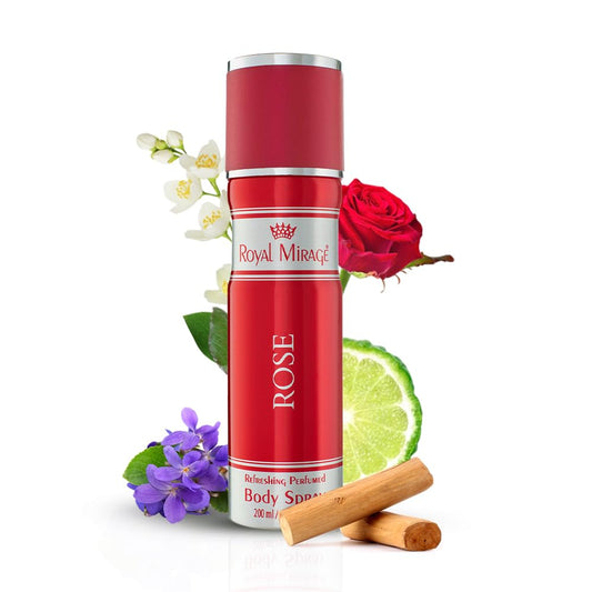 Red body spray bottle with floral elements on a white background