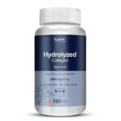 Bottle of Yokin Biotech Hydrolyzed Collagen on a white background