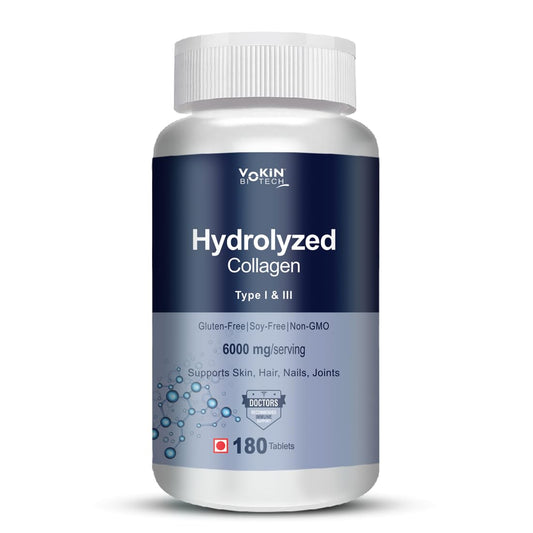 Bottle of Yokin Biotech Hydrolyzed Collagen on a white background