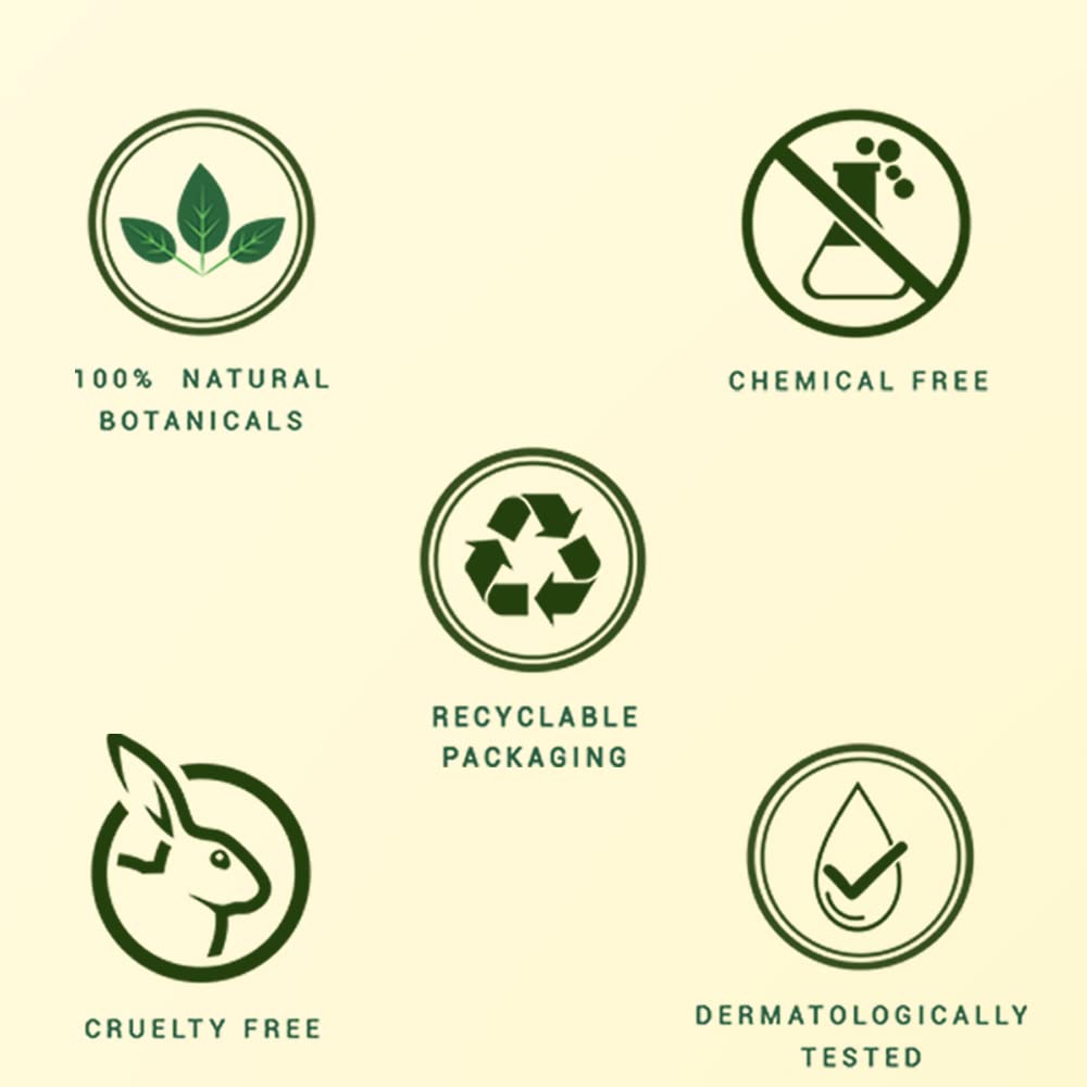 Set of green icons representing various product attributes on a beige background