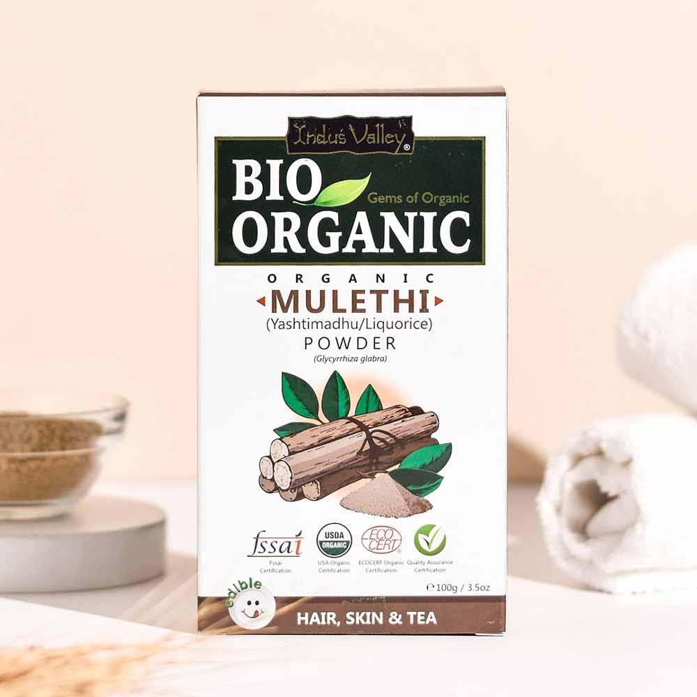Box of Bio Organic Mulethi Powder with a beige background