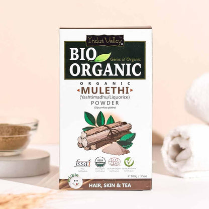 Box of Bio Organic Mulethi Powder with a beige background