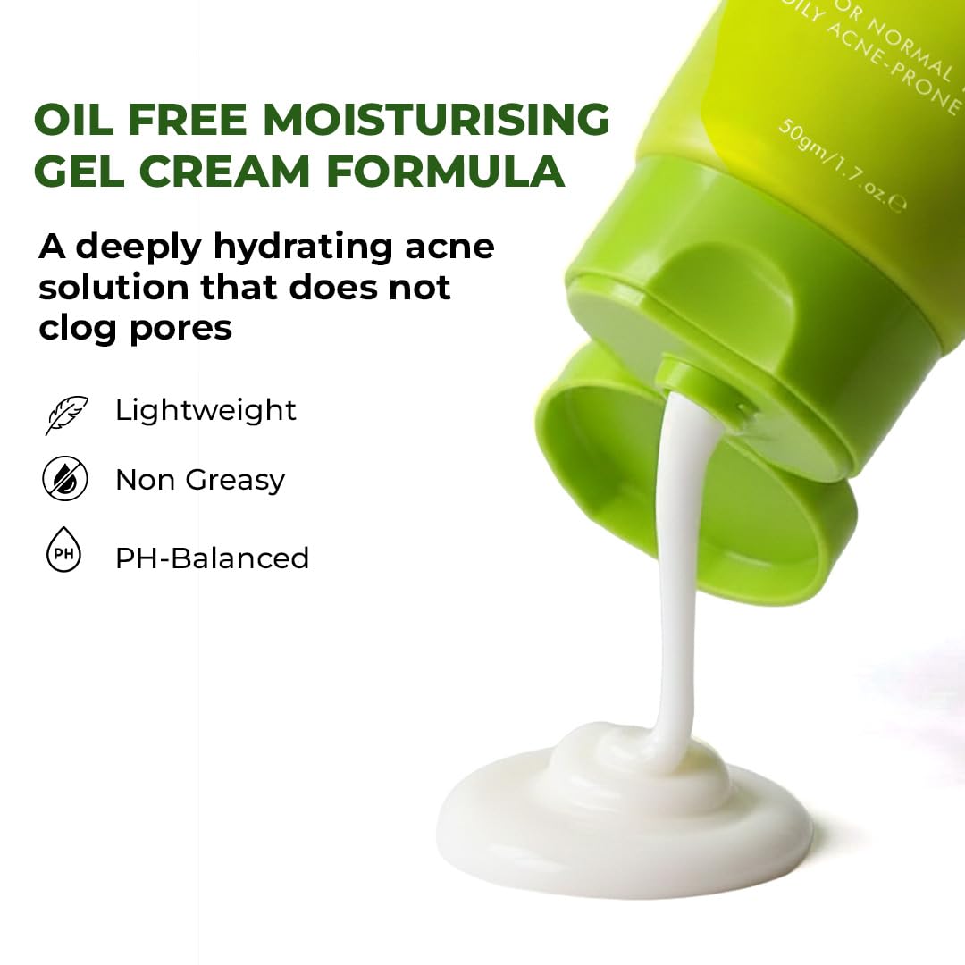 Green bottle of oil-free moisturizing gel cream with white cream being poured out, text highlighting benefits on a white background.