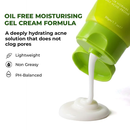 Green bottle of oil-free moisturizing gel cream with white cream being poured out, text highlighting benefits on a white background.