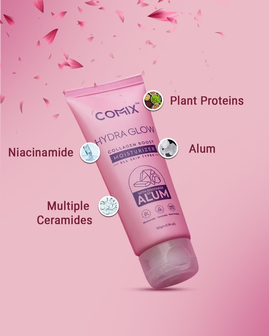 Commix Hydra Glow Moisturizer | Lightweight Collagen Boost Cream for Glowing & Hydrated Skin | Non-Sticky, Refreshing Daily Moisturizer | Strengthens & Plumps Skin | Suitable For All Skin Types | 50gm