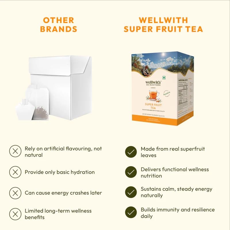 Wellwith Sea Buckthorn Super Fruit Tea | Seabuckthorn berry and Leaves |Natural Herbal Drinks |Rich in Antioxidants, Vitamin C & Omega 7 | Supports Immunity & Glow | 20 Tea Bags(2g Each),Pack of 1