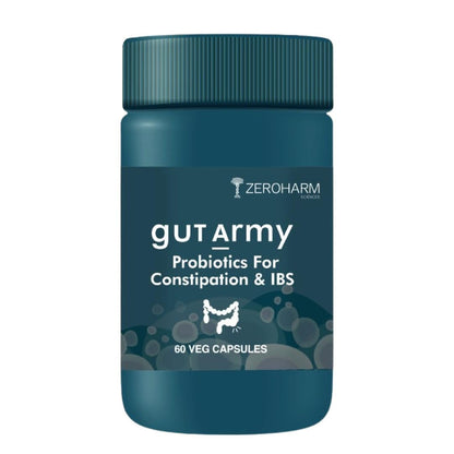 ZEROHARM Gut Army Probiotics for Constipation & IBS | 100 Billion CFU, 11 Strains | Psyllium Husk (Isabgol) & Peppermint | Gas & Bloating Relief, Digestive Comfort, Bowel Regularity | Men & Women | 60 Capsules