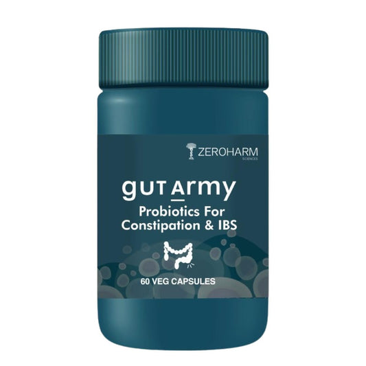 ZEROHARM Gut Army Probiotics for Constipation & IBS | 100 Billion CFU, 11 Strains | Psyllium Husk (Isabgol) & Peppermint | Gas & Bloating Relief, Digestive Comfort, Bowel Regularity | Men & Women | 60 Capsules