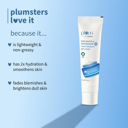 Plum 2% Niacinamide & Rice Water Superlight Gel Cream Moisturizer for Face | Oil-Free Hydration | Brightens, Fades Blemishes | Dermat-Tested | All Skin Types | Women & Men | 100% Vegan | 15 g