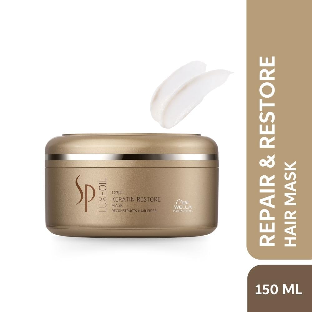 SP Luxeoil Keratin Restore hair mask jar with a white applicator on a beige background