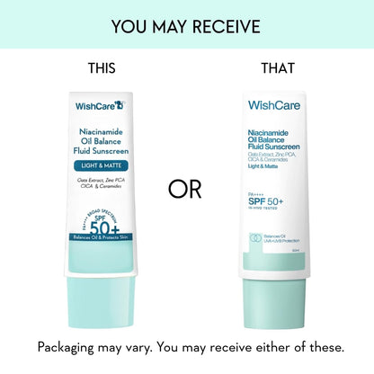 Two bottles of WishCare Niacinamide Oil Balance Fluid Sunscreen with text indicating possible variations in packaging.
