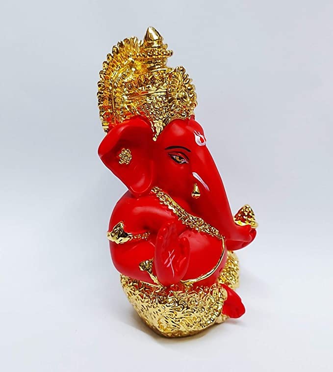 Gold Art India Ganesh Idol for Car Dashboard Ganesha Murti Ganpati Idol for Home Decor Puja Lord Ganesh Statue Gift for Office Desk Puja Room Figurine (Gold and Red, 3 x 3), Ceramic, Idol