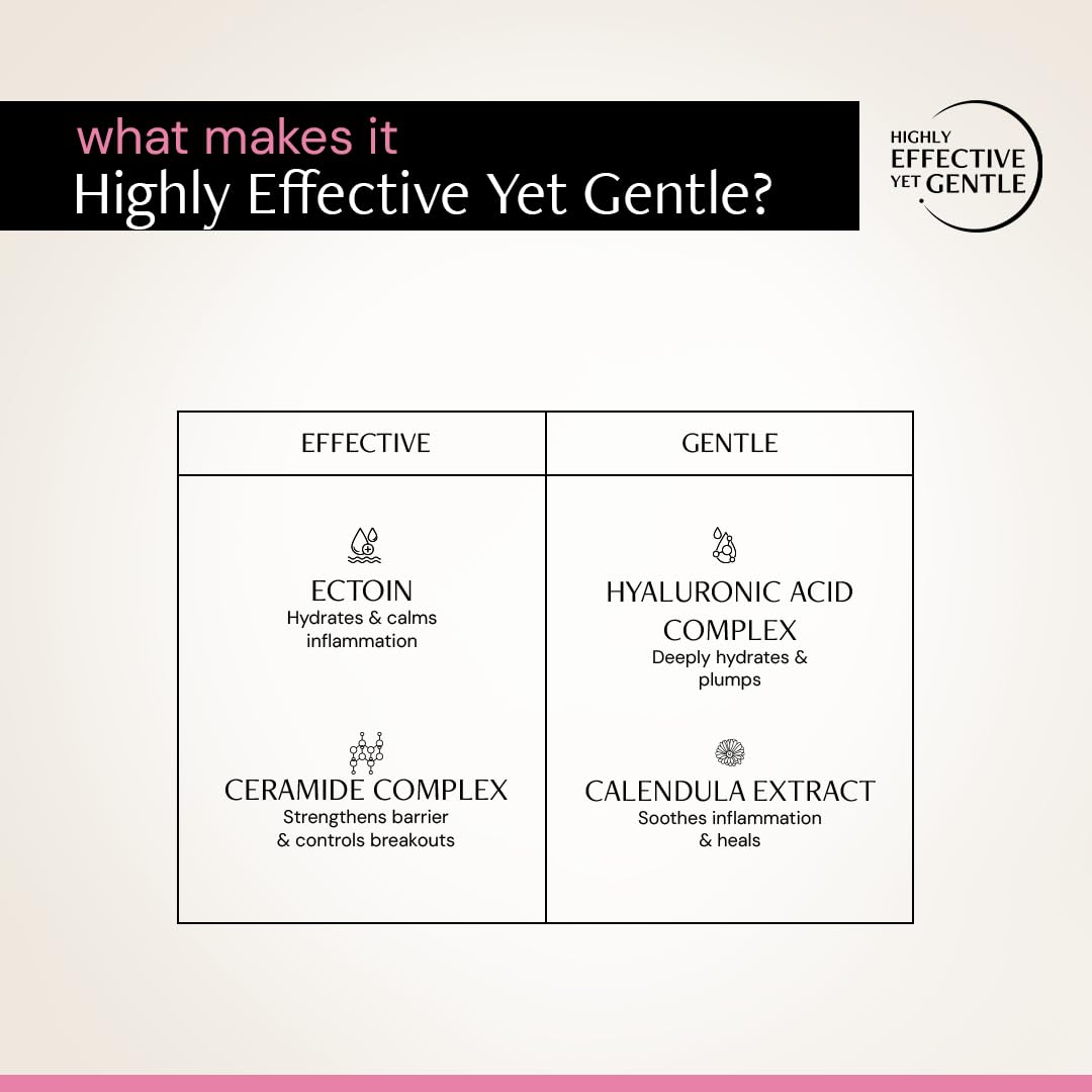 Product packaging with text about effective yet gentle ingredients on a light pink background