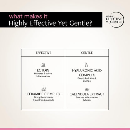 Product packaging with text about effective yet gentle ingredients on a light pink background