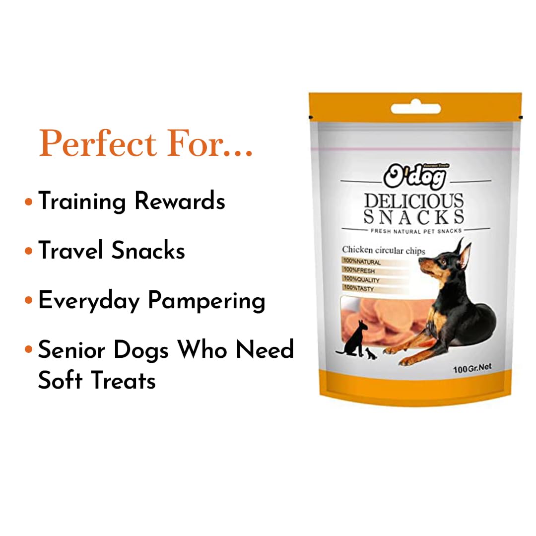 PETS EMPIRE O'Dog Chicken Circular Chips, Healthy Dog Treats, Chewy Dogs Bites for Training and Feeding, Made with Real Chicken, Non-Vegetarian Pup Snacks for Dogs, Puppies - 100g