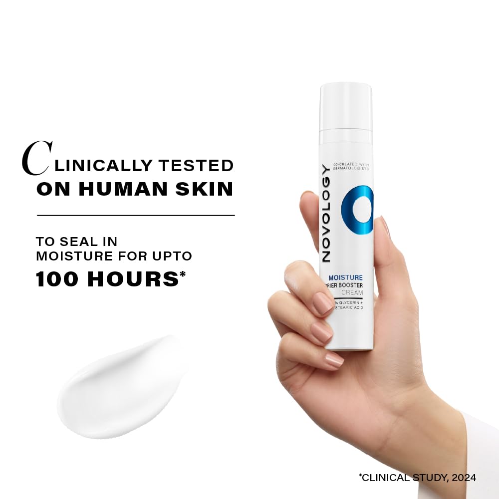 Hand holding a Novology skincare product with text about clinical testing on human skin.