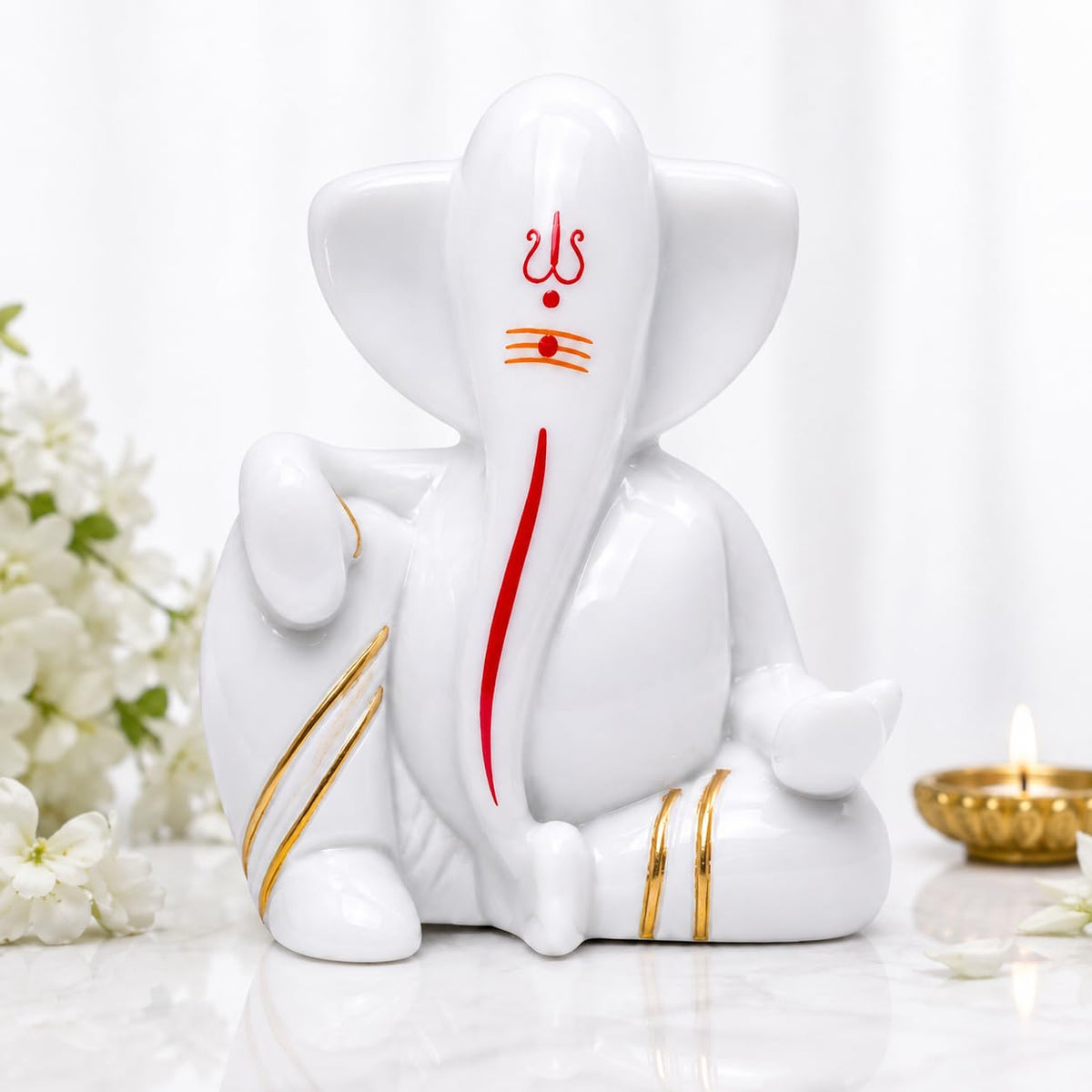 Bal Ganesha Idol for Car, Small Ganesh Murti for Car Dashboard, White Marble Ganpati Bappa Statue, Baby Ganesha Showpiece for Pooja Room, Home Decor, Living Room, Office Desk