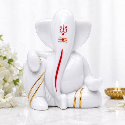 Bal Ganesha Idol for Car, Small Ganesh Murti for Car Dashboard, White Marble Ganpati Bappa Statue, Baby Ganesha Showpiece for Pooja Room, Home Decor, Living Room, Office Desk