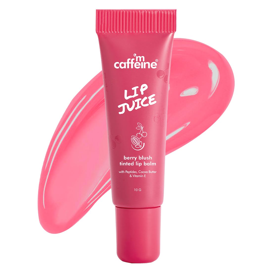 mCaffeine Lip Juice Tinted Lip Balm - Berry Blush | 24 hrs Moisturization | With Peptides, Cocoa Butter & Vitamin E | Heals Dry & Chapped Lips | Lip Balm For Women | Sheer Pink Tint - 10g