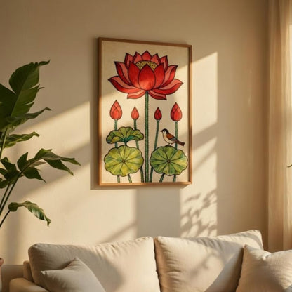 Traditional Lotus Flower Wall Painting with Wooden Frame | Botanical Lotus Artwork HD UV Laminated MDF Wall Decor | Indian Lotus Art Wall Decor for Living Room Bedroom Home 13.5 Inch x 19.5 Inch