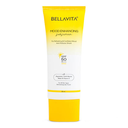 Bellavita sunscreen tube with yellow and white design on a white background