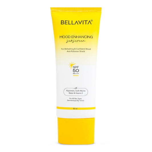 Bellavita sunscreen tube with yellow and white design on a white background