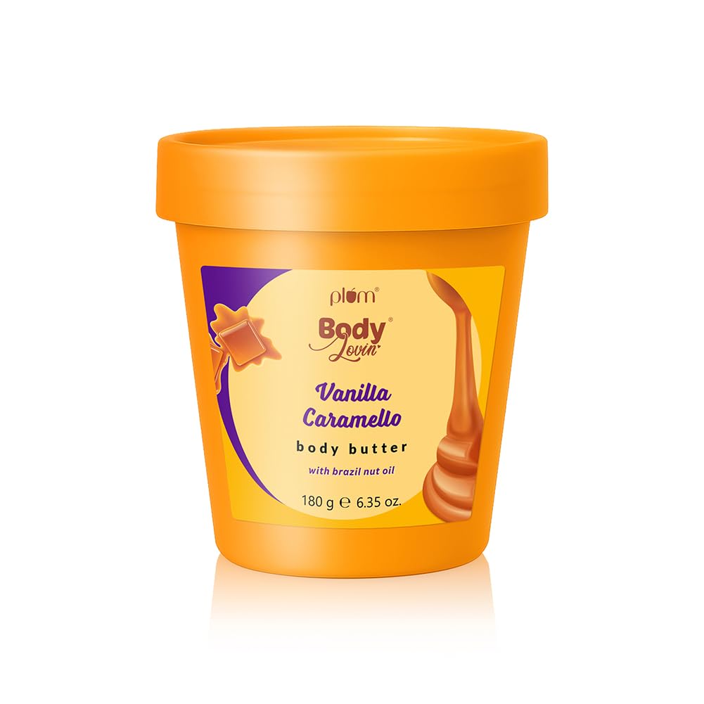 Plum BodyLovin' Vanilla Caramello Body Butter | Shea Butter & Brazil Nut Oil for Deep Moisturization | Non-Greasy & Lightweight | Buttery Soft, Smooth & Moisturised Skin | For Dry To Very Dry Skin | Vanilla & Salted Caramel | 180gm