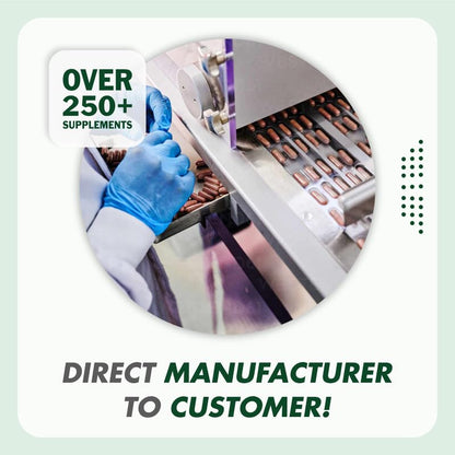 Person wearing gloves operating a machine with text about supplements and direct manufacturing.