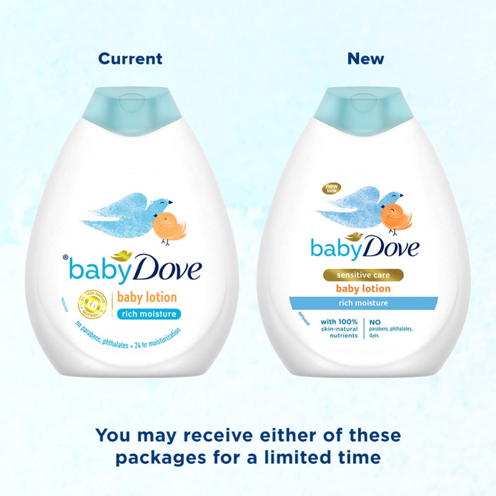 Comparison of current and new baby Dove baby lotion bottles on a light blue background.