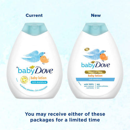 Comparison of current and new baby Dove baby lotion bottles on a light blue background.